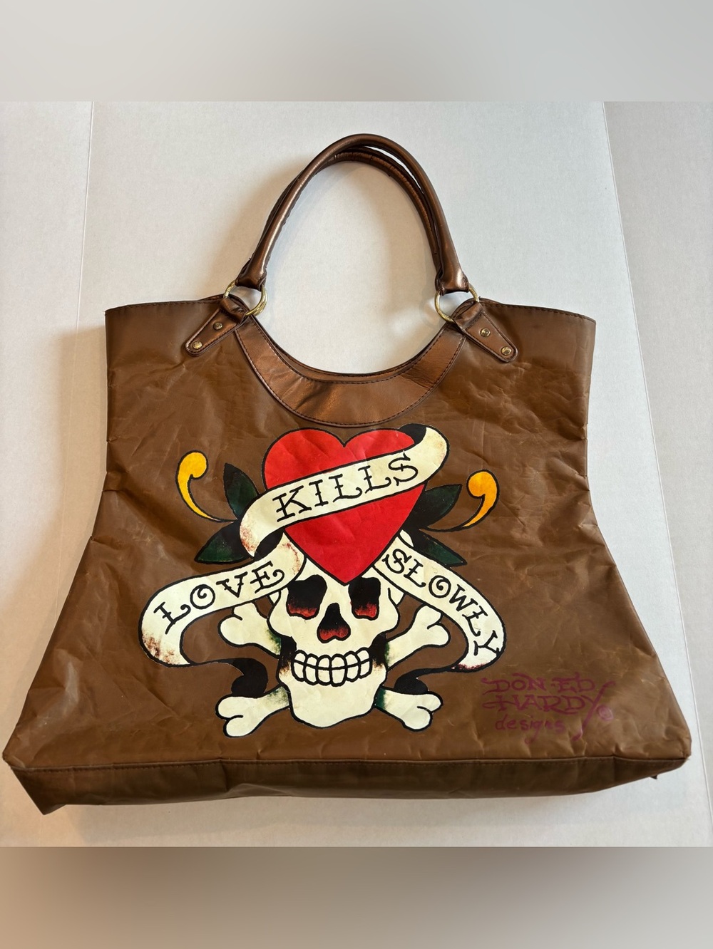 Ed Hardy Vintage Y2K Bronze Nylon Shoulder Tote Loves Kills Slowly